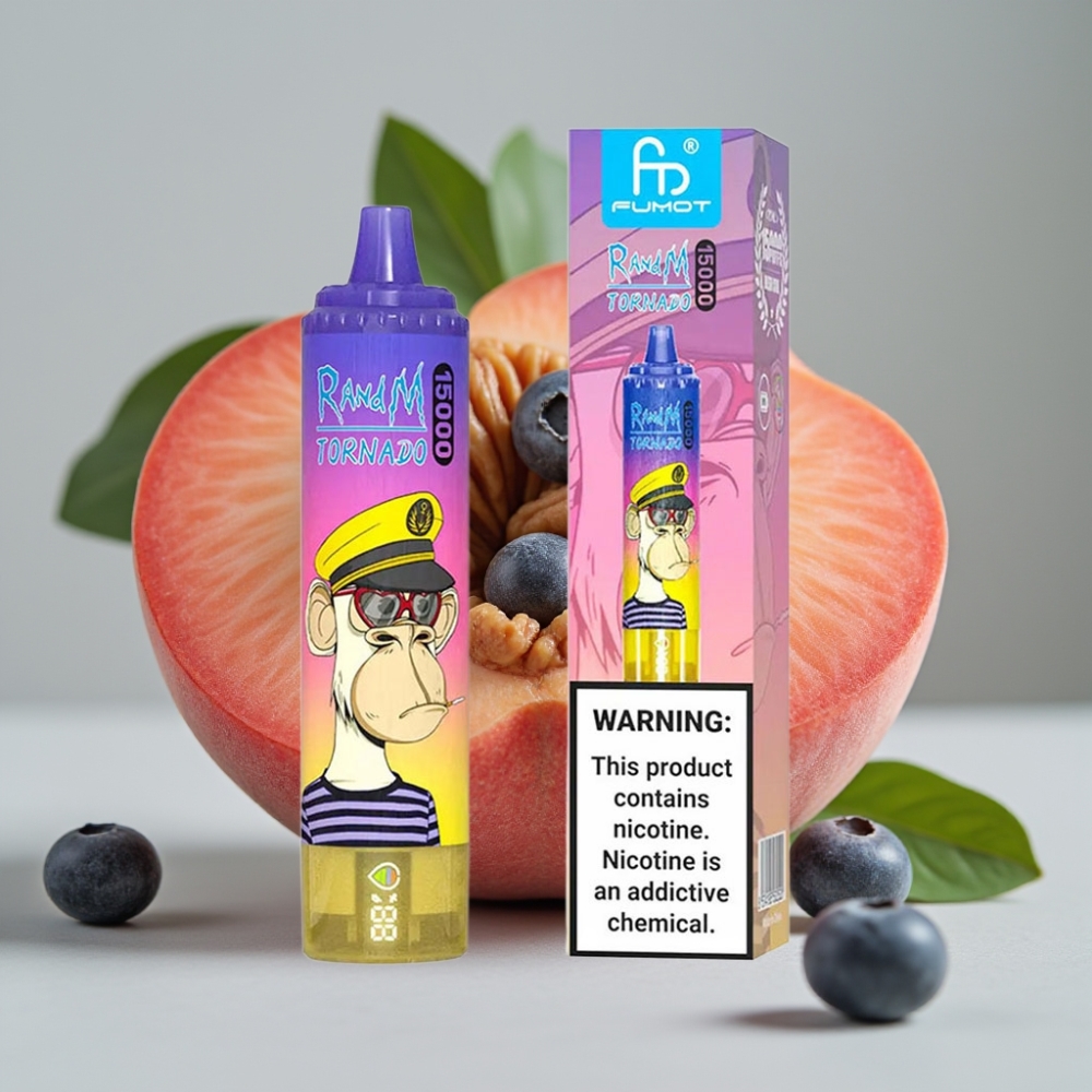 Fumot RandM Tornado 15000 Puffs 25ml 850mAh Perzik Blauwe Bes Snoep Mesh Coil Type-C LCD