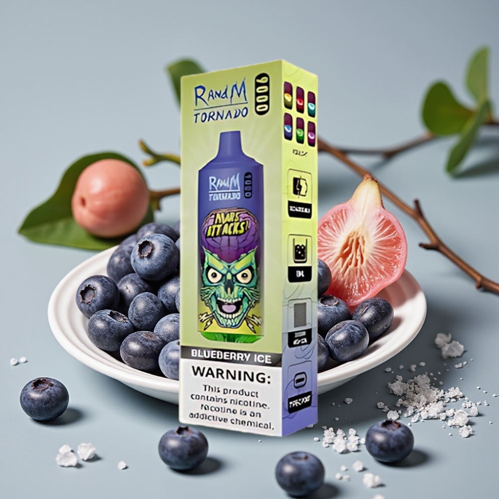 RandM Tornado 9000 Puffs 850 mAh 18 mL Mesh Coil Blauwe Bes IJs