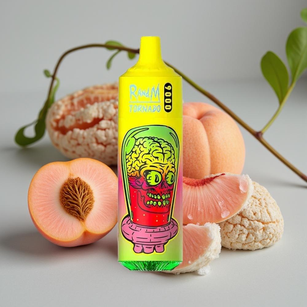 RandM Tornado 9000 Puffs 850 mAh 18 mL Mesh Coil Zomerse Perzik IJs